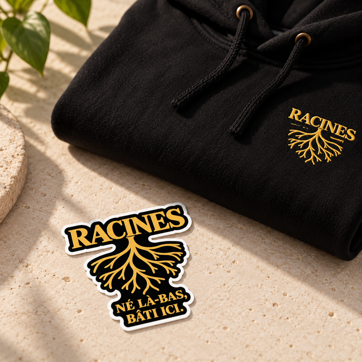 Sticker Racines — Né là-bas, bâti ici