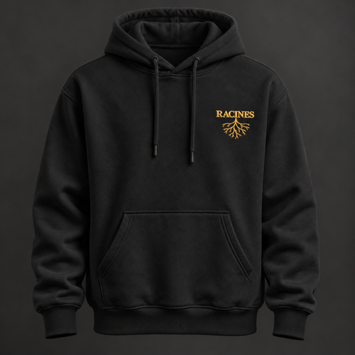 Hoodie Racines noir et doré — Né là-bas, bâti ici